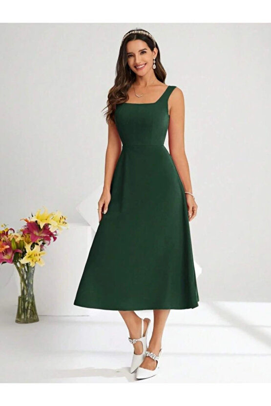 Kadın Askılı Kare Yakalı Midi Ithal Krep Elbise