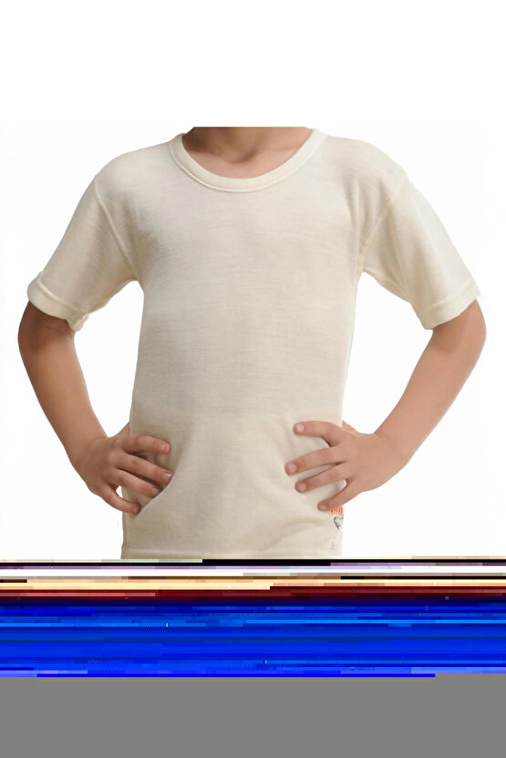 Unisex Çocuk Ekru Gerçek Yün Kısa Kollu Fanila