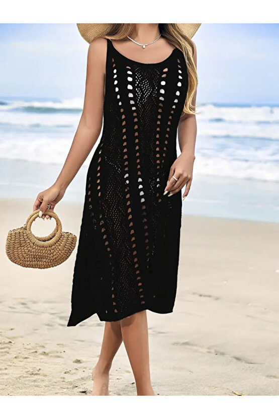 eyesof Kadın Kolsuz Askılı Yan Yırtmaç Detay Triko Midi Boy Elbise