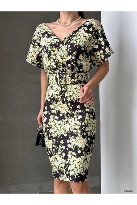 Kadın Dalgıç Kumaş V Yaka çiçek Desenli Kuşaklı Kalem Elbise