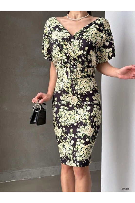 Kadın Dalgıç Kumaş V Yaka çiçek Desenli Kuşaklı Kalem Elbise