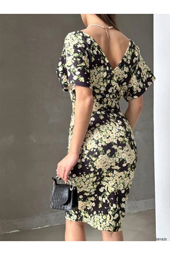 Kadın Dalgıç Kumaş V Yaka çiçek Desenli Kuşaklı Kalem Elbise