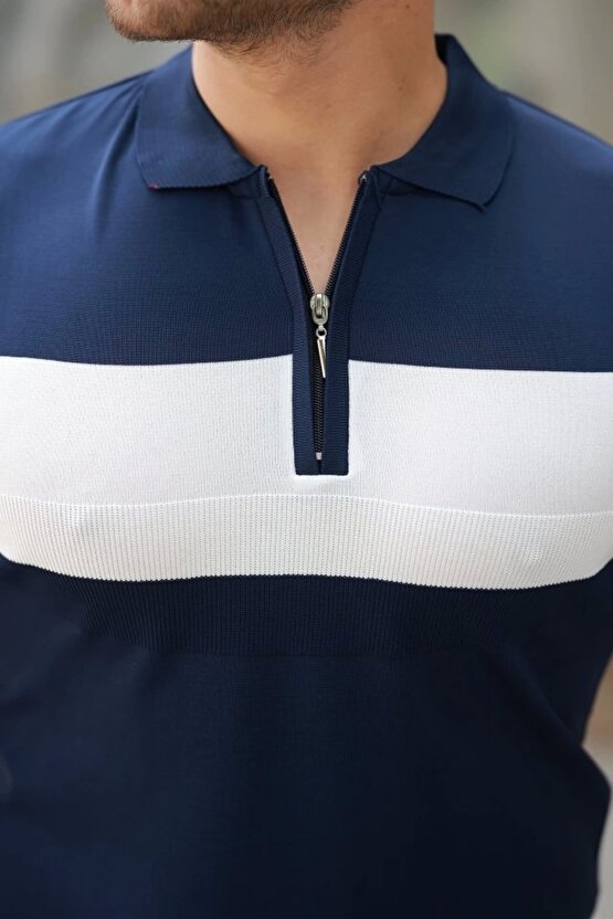 Erkek Fermuar Yakalı şerit Renk Desenli Kısa Kollu Tişört