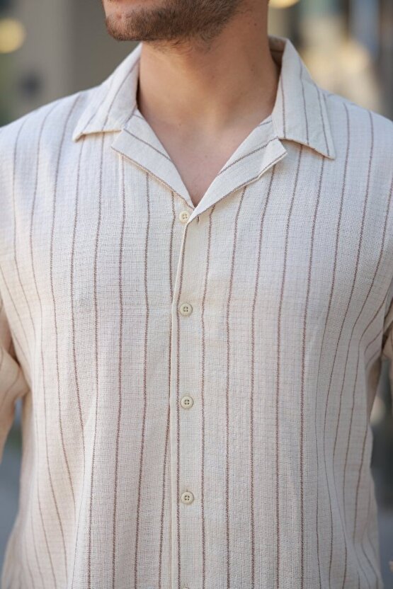 eyesof Erkek çizgili Keten Gömlek