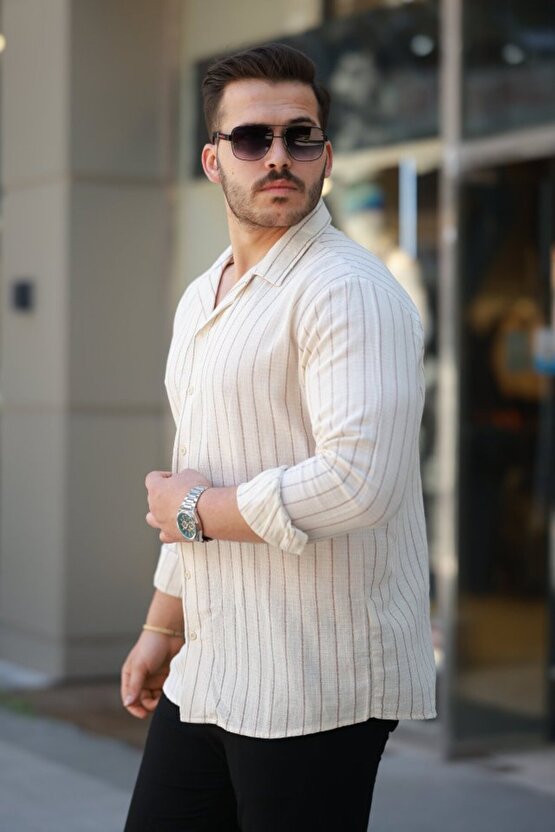 eyesof Erkek çizgili Keten Gömlek