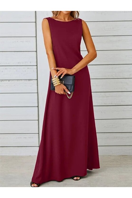 eyesof Kadın Kolsuz Kayık Yaka Maksi Janjan Krep Elbise