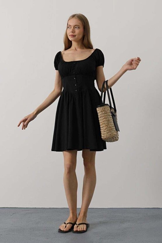 Beli Korseli Mini Elbise - Siyah