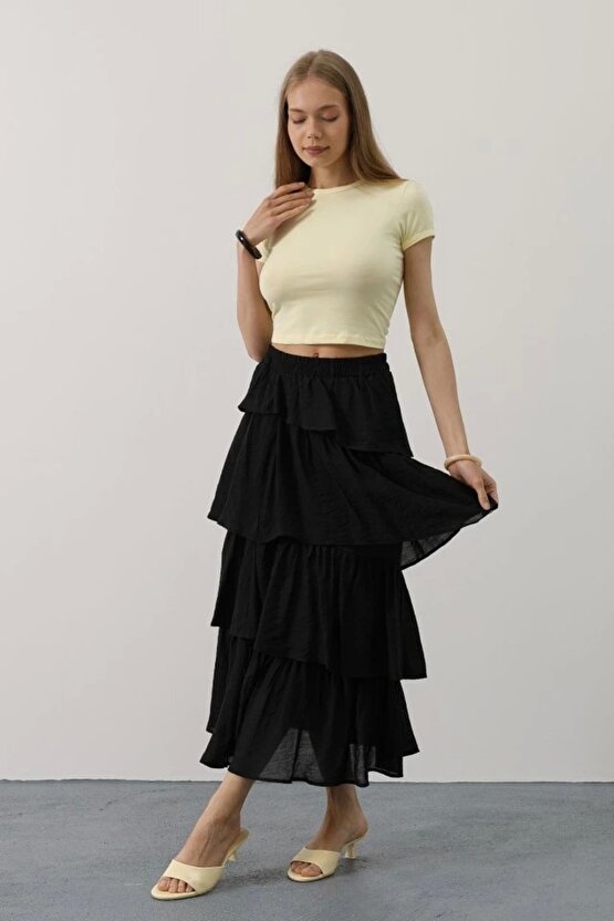 Katlı Kesim Uzun Etek - Siyah