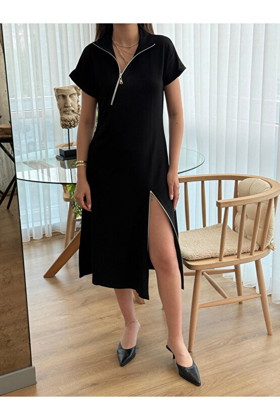 Kadın Kısa Kollu Yakadan Ve Etekten Fermuarlı Midi Viskon Iki Iplik Elbise