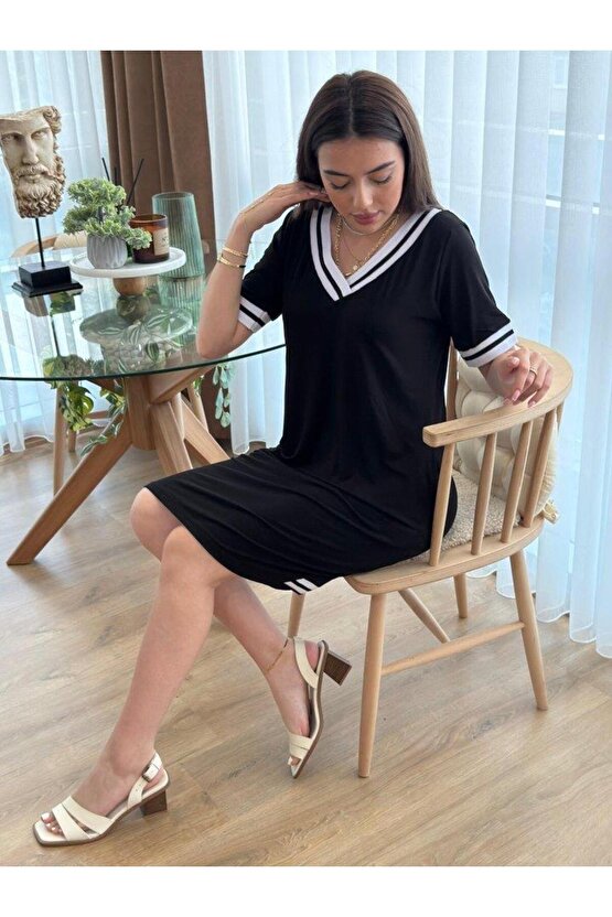 Kadın Kısa Kollu V Yaka Ribana Detaylı Cepli Dizüstü Viskon Elbise