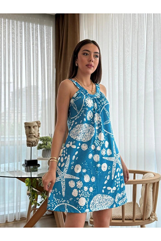 Kadın Askılı Deniz Yıldızı Desenli Süprem Elbise