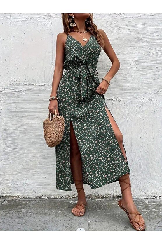 Kadın Ip Askılı Kruvaze Yakalı Yırtmaçlı Uzun Desenli Kuşaklı Süprem Elbise