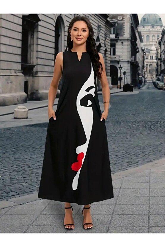Kadın Sıfır Kol V Yakalı Kadın Yüz Desenli Süprem Elbise