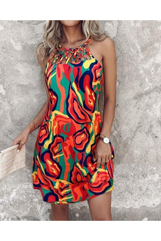 Kadın Omuzlardan Açık çapraz şerit Detaylı Desenli Süprem Elbise