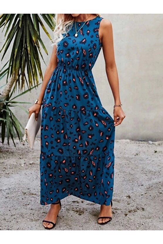 Kadın Kolsuz Bisiklet Yaka Beli Lastikli Desenli Süprem Elbise