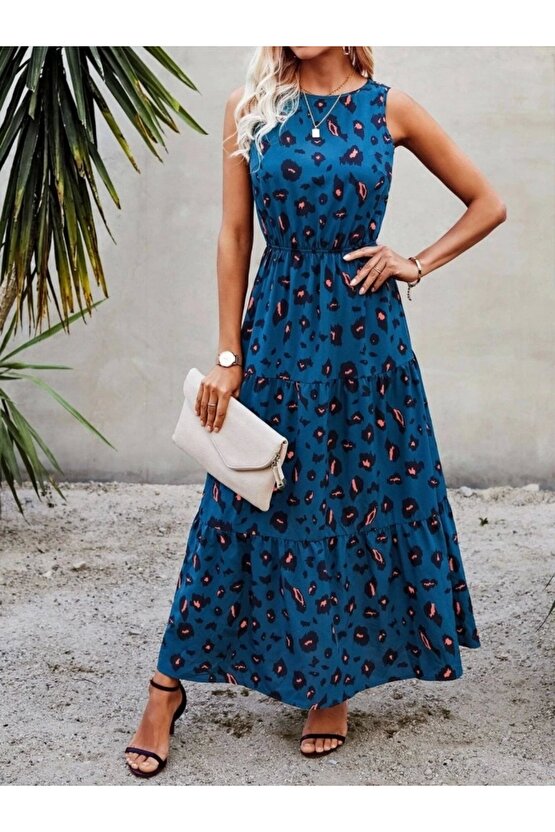 Kadın Kolsuz Bisiklet Yaka Beli Lastikli Desenli Süprem Elbise