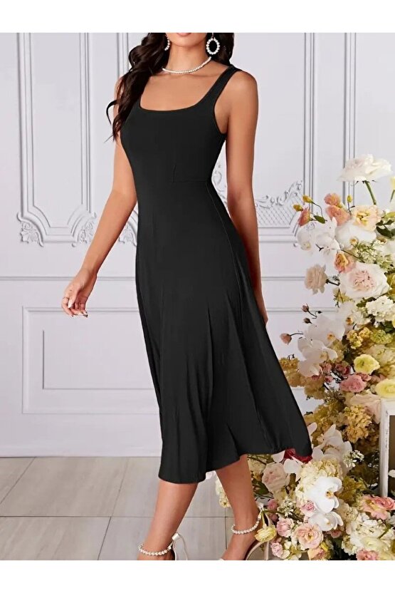 eyesof Kadın Askılı Geometrik Yakalı Geniş Kesim Detaylı Ithal Krep Elbise