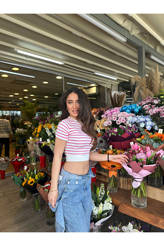 SMK Shop Fuşya Çizgili Manşetli T-Shirt