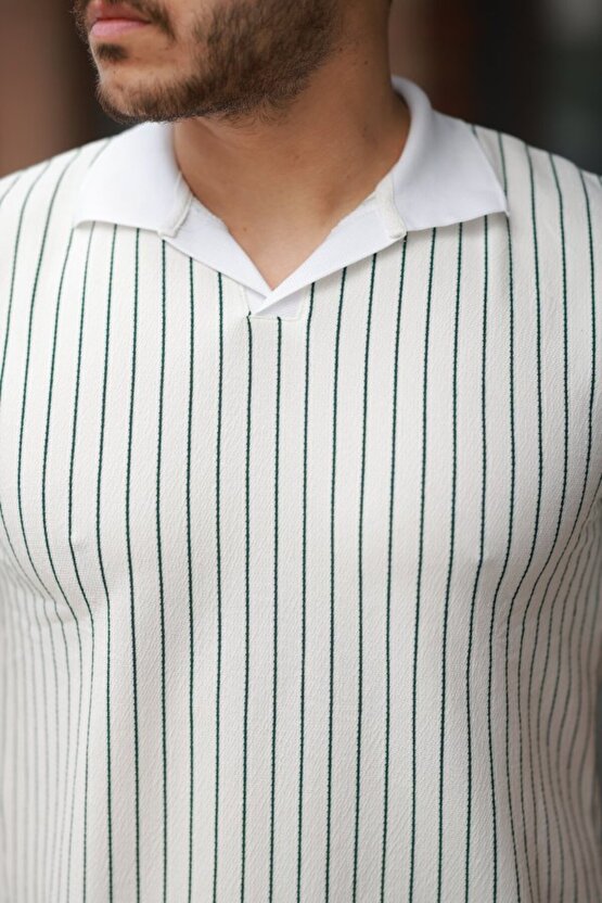 eyesof Erkek Yakalı çizgi Desenli Kısa Kollu Tişört