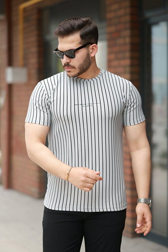 eyesof Erkek Dikey çizgili Ottoman Kumaş Kısa Kollu Tişört