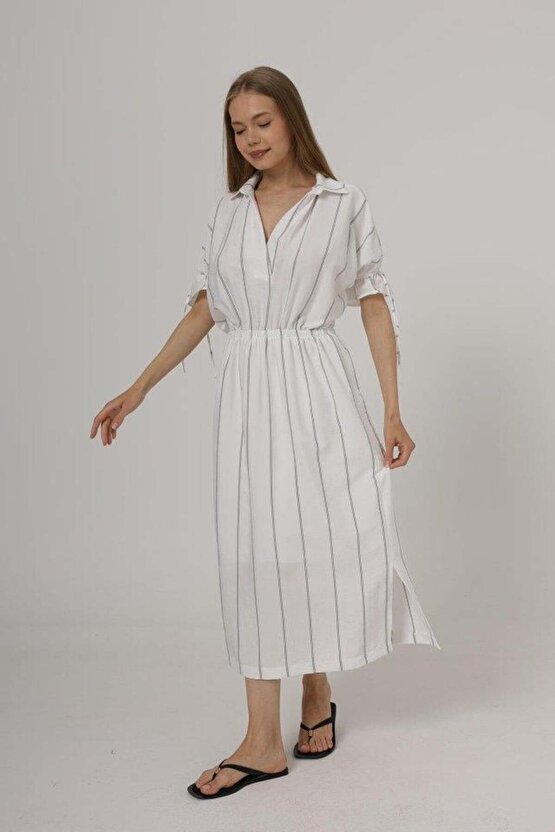 Beli Lastikli Elbise - Beyaz