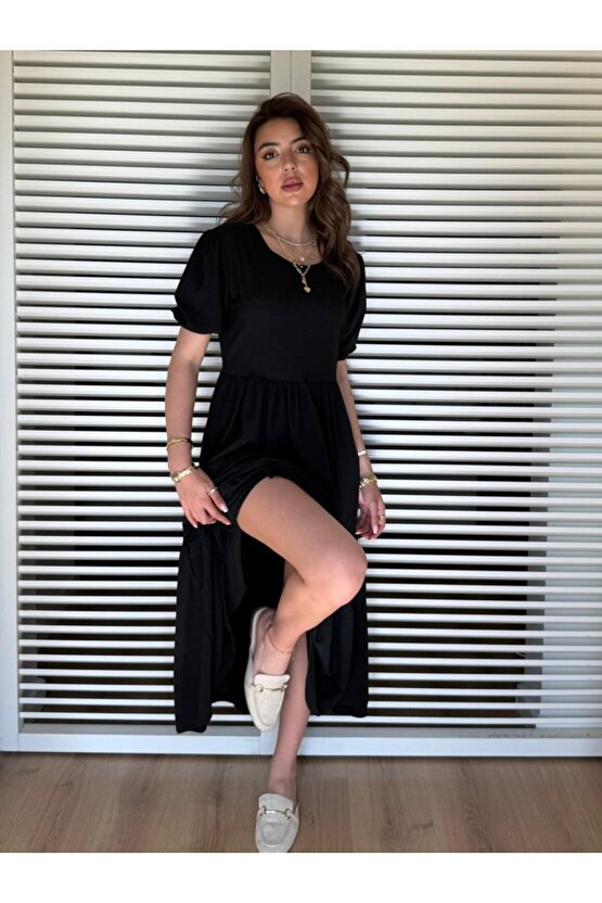 EQURİ Kadın Kısa Kollu Yakası Açık Katlı Bürümcük Balon Elbise