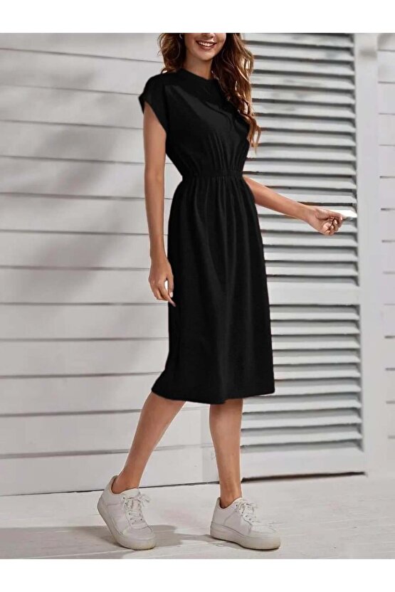 Kadın Kısa Kollu Bisiklet Yaka Belden Lastikli Midi Viskon Elbise