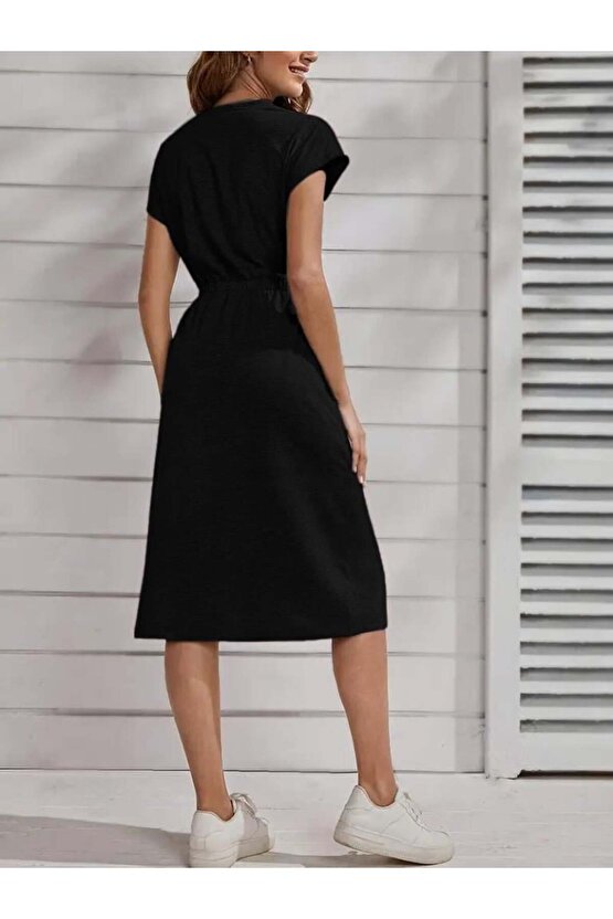 Kadın Kısa Kollu Bisiklet Yaka Belden Lastikli Midi Viskon Elbise