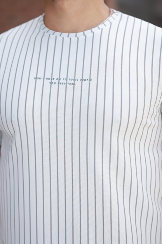 EQURİ Erkek Dikey çizgili Ottoman Kumaş Kısa Kollu T-shirt