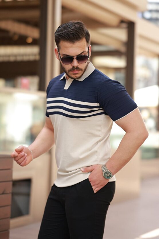 EQURİ Erkek çizgi Desenli Yakalı Kısa Kollu T-shirt