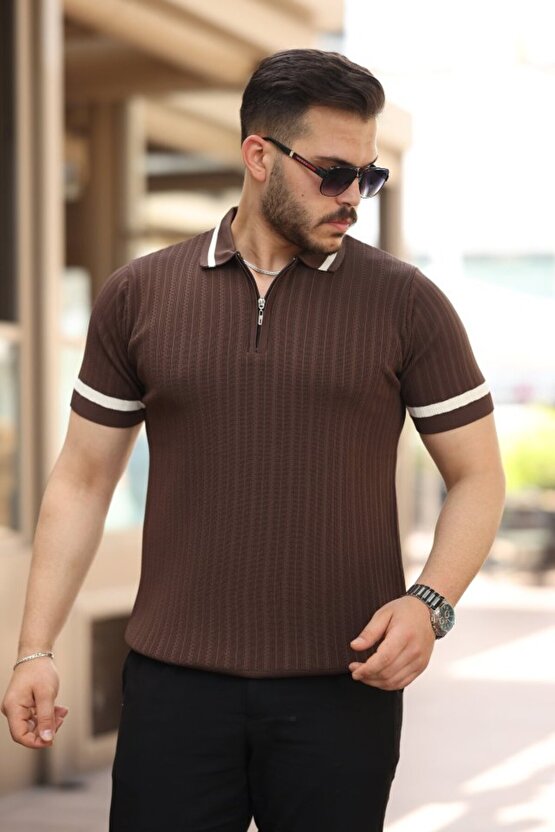 eyesof Erkek Yaka Ve Kolları çizgi Detaylı Fermuarlı Kısa Kollu T-shirt