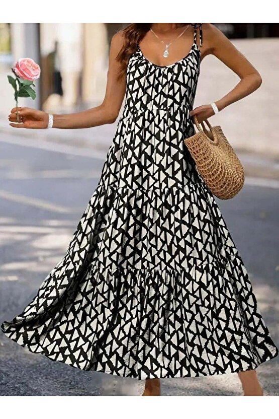 Kadın Askılı Yuvarlak Yaka Fırfırlı Desenli Uzun Bürümcük Elbise