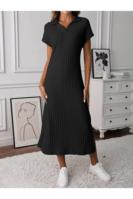 Kadın Kısa Kollu Yakalı Yandan Yırtmaçlı Kalın Fitilli Kaşkorse Elbise