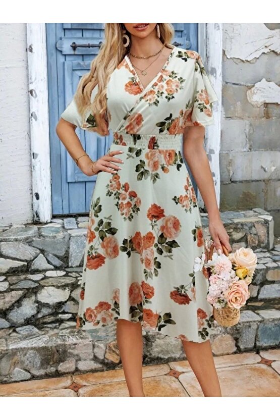 Kadın Kısa Kollu Kruvaze Yakalı Desenli Süprem Kısa Elbise