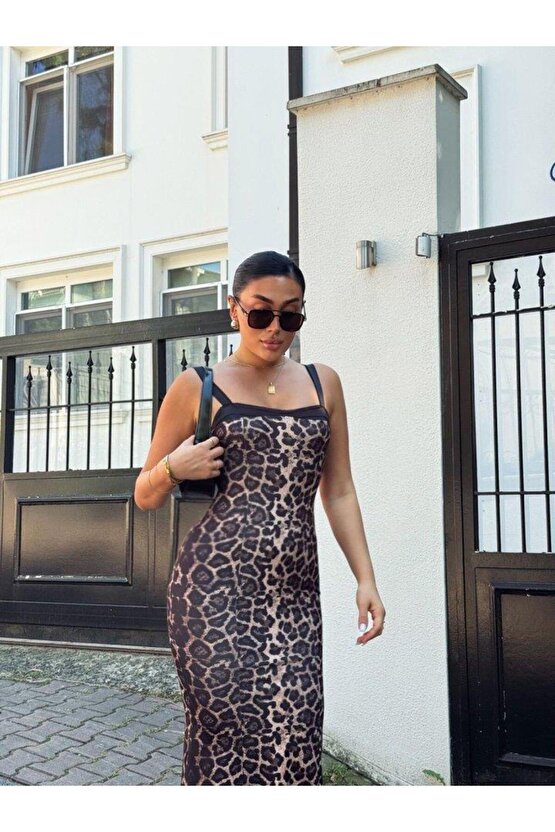 Kadın Dalgıç Kumaş Dijital Leopar Baskılı Midi Boy Elbise