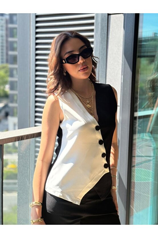 eyesof Kadın Sıfır Kol V Yakalı Düğmeli Blok Renkli Atlas Yelek