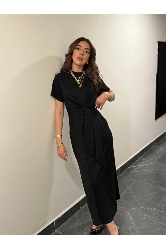 Kadın Kısa Kollu Bisiklet Yaka Yandan Bağlamalı Viskon Iki Iplik Elbise