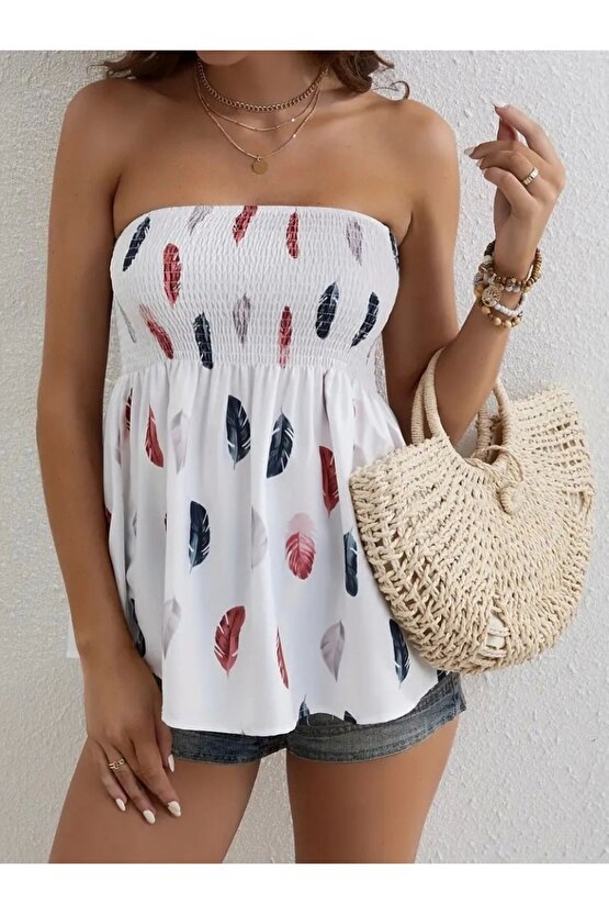 Kadın Yaprak Desenli Göğsü Gipeli Mosskrep Straplez Bluz