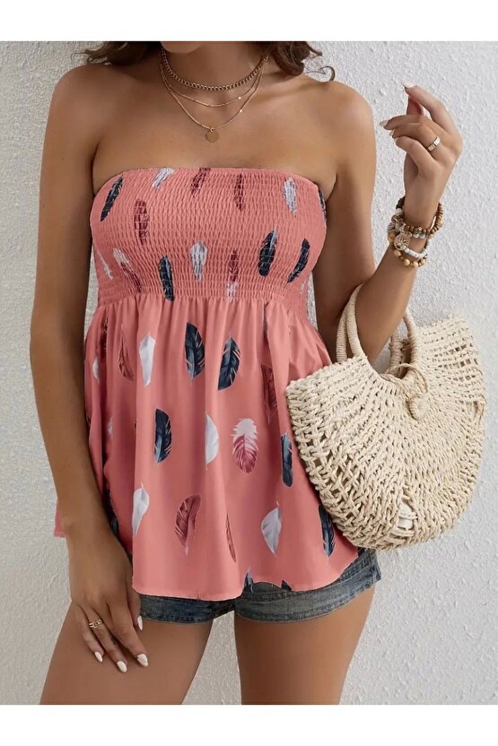 Kadın Yaprak Desenli Göğsü Gipeli Mosskrep Straplez Bluz