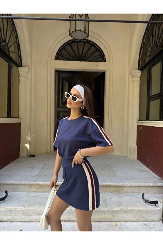 Osy Modal Yumuşak Dokulu Kumaş Parçalı Bisiklet Yaka T-shirt Mini Şortlu Etek İkili Takım -Lacivert