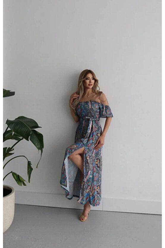 Kadın Kısa Kollu Madonna Yaka Fırfırlı Belden Yırtmaçlı Maksi Süprem Elbise