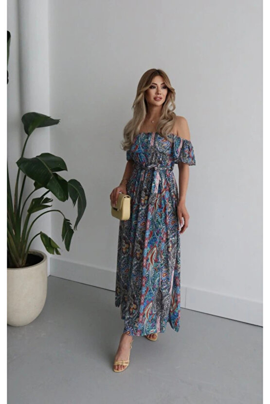 Kadın Kısa Kollu Madonna Yaka Fırfırlı Belden Yırtmaçlı Maksi Süprem Elbise