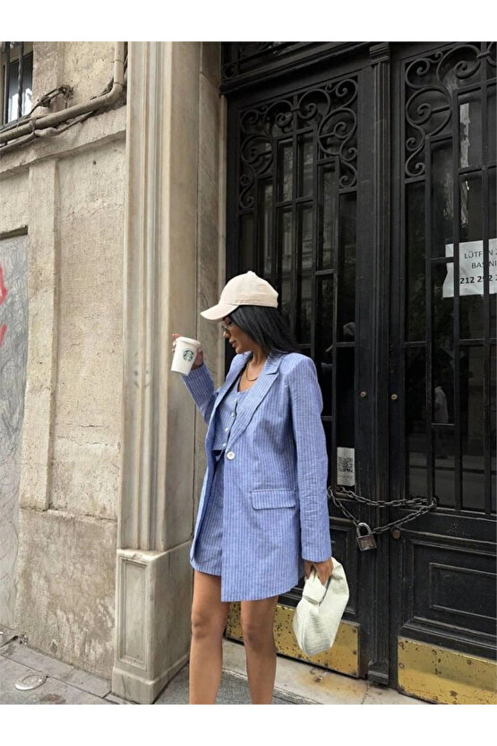 ÇİZGİİ KETEN CEKET YEEK ŞORT TK Mavi