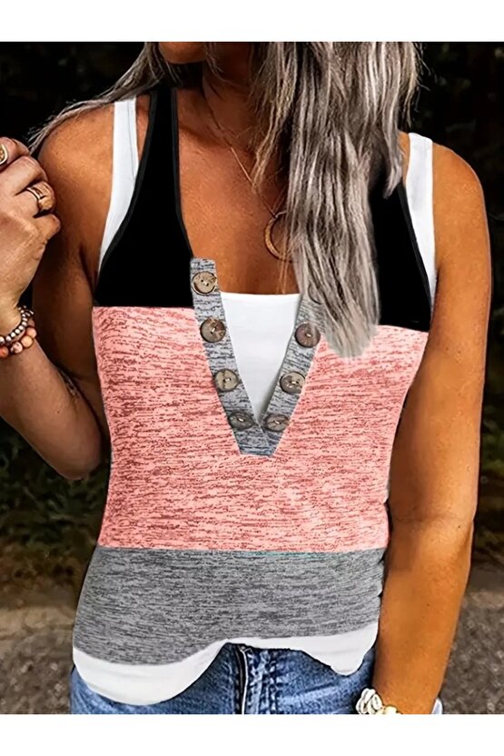 Kadın V Yakalı önden Düğmeli Viskon Bluz