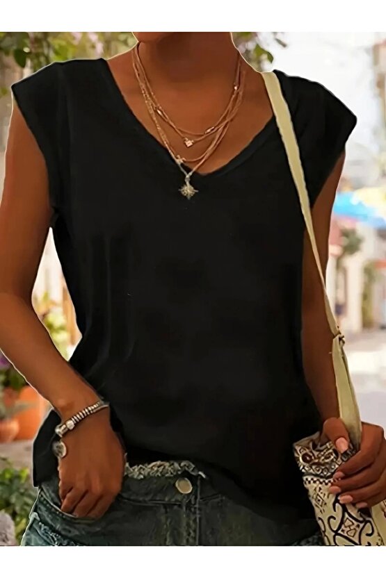 Kadın Kısa Kollu V Yakalı Viskon Bluz