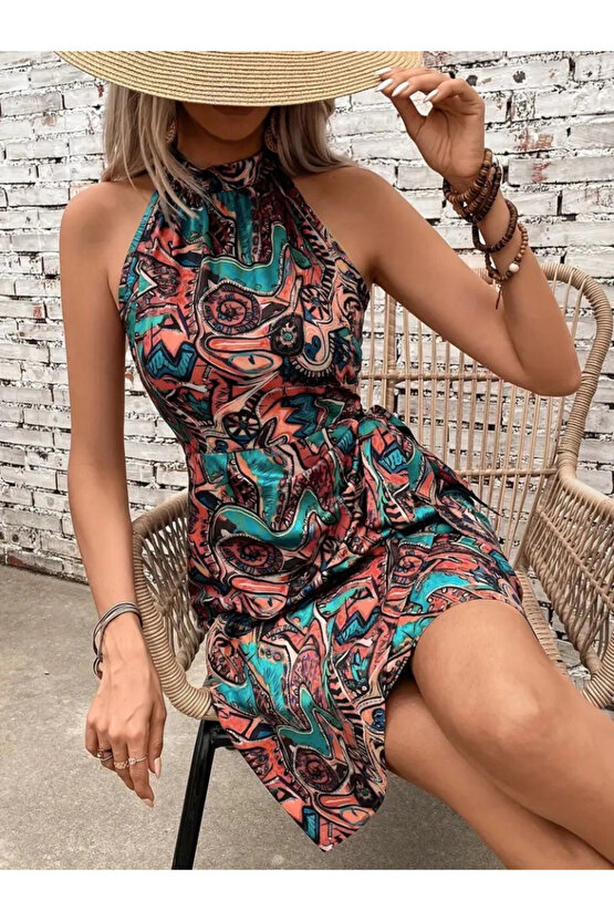 MDB Kadın Omuzlardan Açık Yarı Balıkçı Yaka Yandan çapraz Bağlama Detaylı Süprem Kısa Elbise