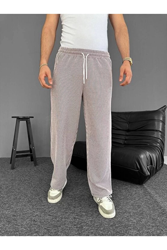 Su Yolu Çizgili Cepli Pantalon Yazlık - Kahverengi