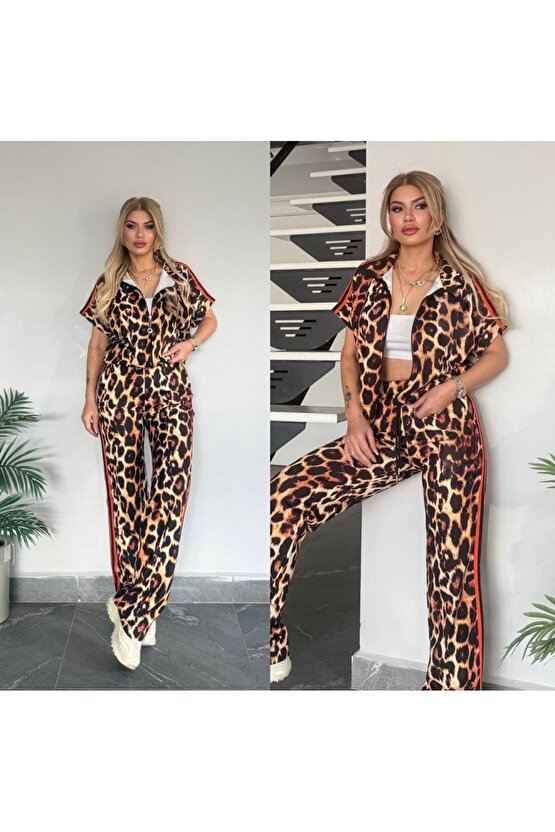 eyesof Kadın Dalgıç Kumaş Dijital Leopar Baskılı şerit Detaylı Takım