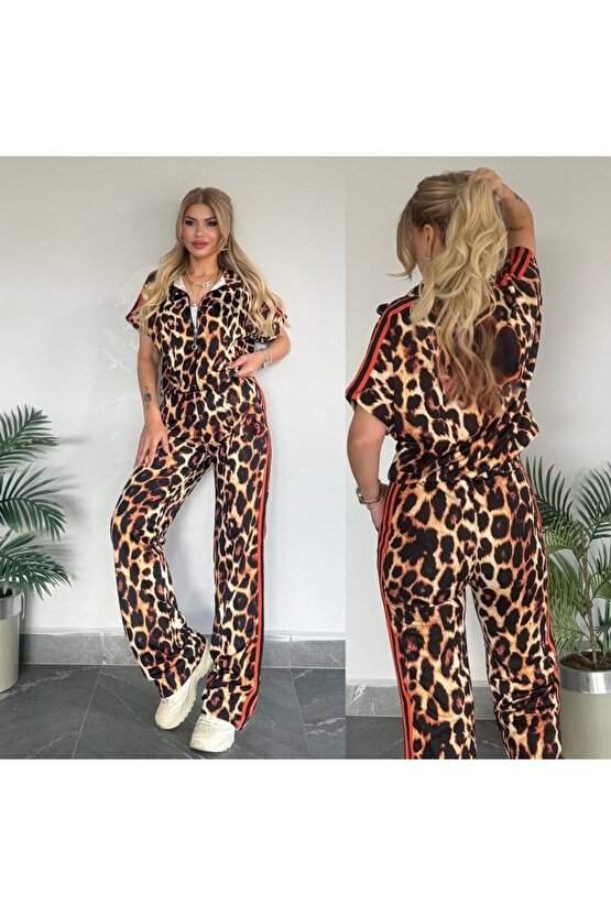 eyesof Kadın Dalgıç Kumaş Dijital Leopar Baskılı şerit Detaylı Takım