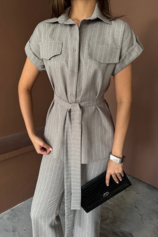 eyesof ÇİZGİLİ POLYVİSKON BLUZ - PANTOLON TAKIM - Gri